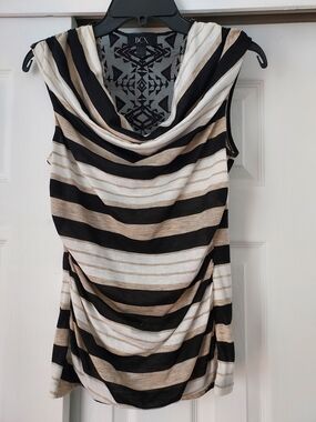BCX Black, White & Tan Striped Cowl Neck Sleeveless Blouse